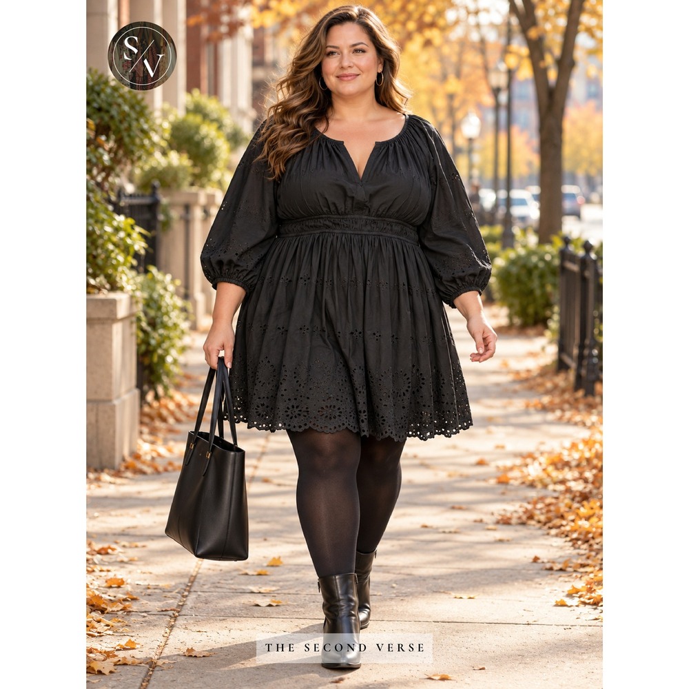 Universal Thread Black Eyelet Cotton Mini Dress Plus Size 3X Long Sleeve V-Neck